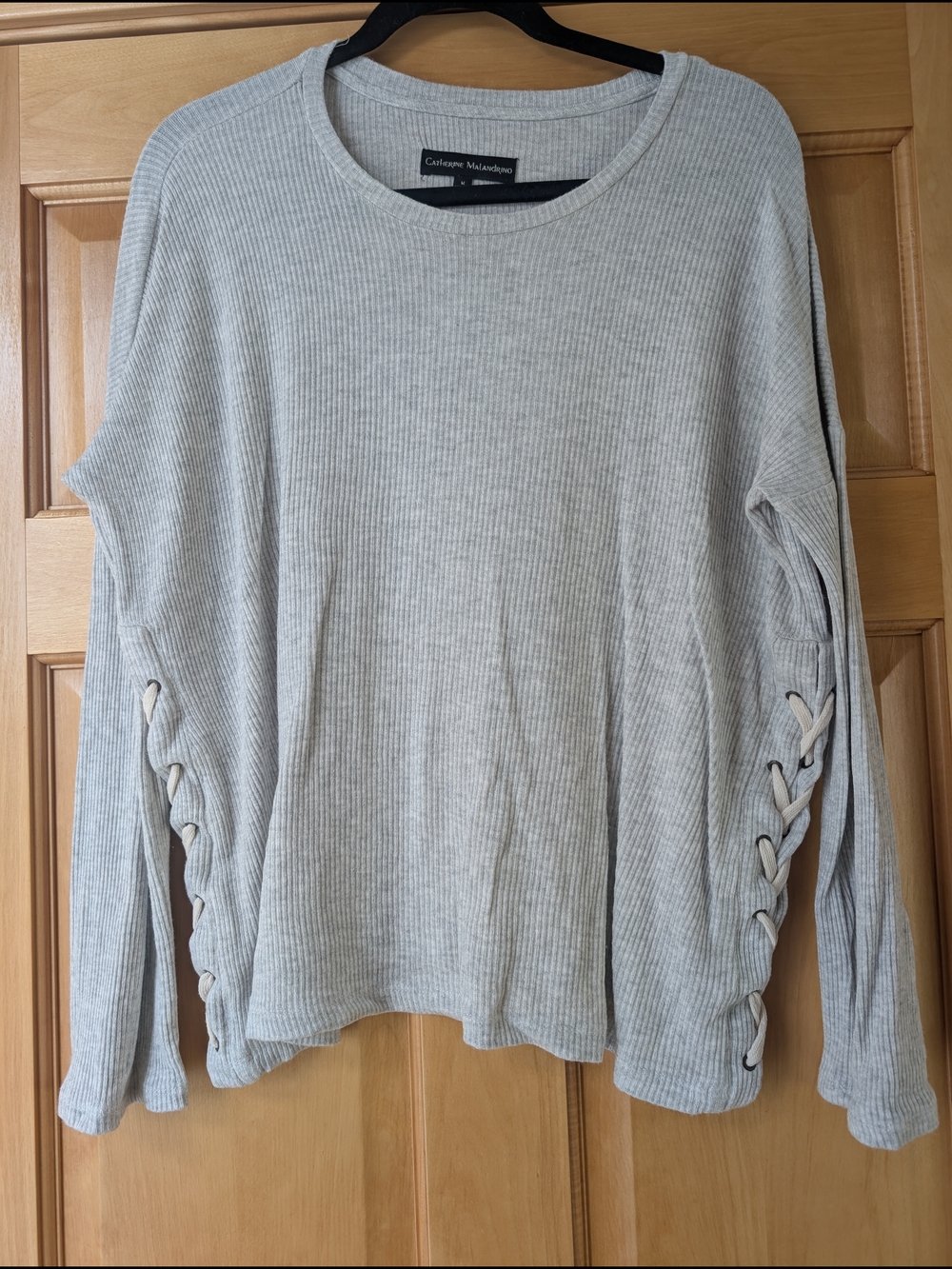 Catherine Malandrino Light Gray Ribbed Knit Long-Sleeve Top with Side Lace-Up - Picture 1 of 8